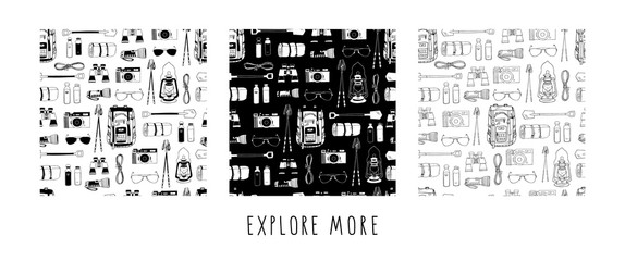 Wall Mural - Monochrome vector seamless patterns with white and black isolated elements. Endless texture. Backpack, rolled camping bed, reusable bottles, flashlight, binoculars, camera, sunglasses, trekking sticks