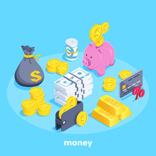 Isometric Vector Image On A Blue Background, A Wallet With Coins And Banknotes, A Piggy Bank And A Bag Of Money, Gold Bars And A Bank Card, A Set Of Objects On The Theme Of Money