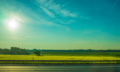 Wall Mural - Germany, Frankfurt, Sunrise, a large long train on a lush green field