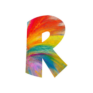 Letter R on white background with rainbow drawing by pastel.