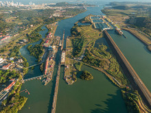 Beautiful Aerial View Of The Beautiful Aerial View Of The Panama Channel On The Sunset
