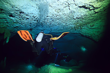 cave diving, diver underwater, dark cave, cavern landscape