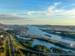 Beautiful aerial view of the Beautiful aerial view of the Panama Channel on the Sunset