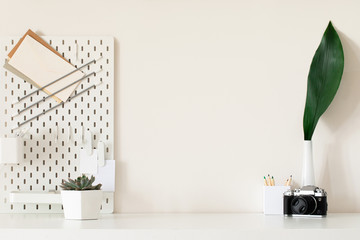 Stylish desk interior with White table background with plant and leaves. Modern home office interior