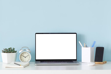 Modern mockup with office desk on white background.