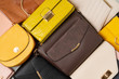 Flat lay with collection of woman handbags. Shopping, fashion look, online beauty blog, sale idea