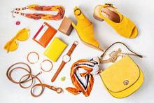 Flat Lay With Woman Fashion Accessories In Yellow Colors. Fashion, Online Beauty Blog, Summer Style, Shopping And Trends Idea