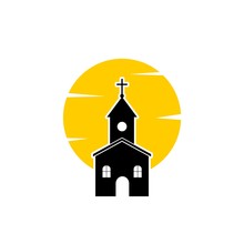 Church With Cross On A Sun Background.  Church Logo. Christian Cross Icon