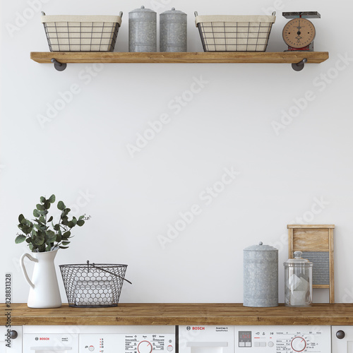Farmhouse laundry. 3d render. Poster Mural XXL