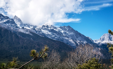 Landscape of full snow mountain and the green field 