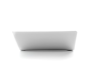 Laptop gray metalic sliver colour notebook in backside view open cover on the white background. Clipping Path.