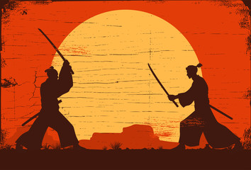 Silhouette of two Japanese Samurai sword fighting, Vector Illustration