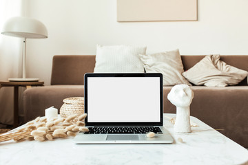 front view of blank screen laptop on marble table with reeds foliage, bust. modern interior design w