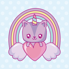 Sticker - kawaii unicorn with wings and heart over rainbow and blue background, colorful design