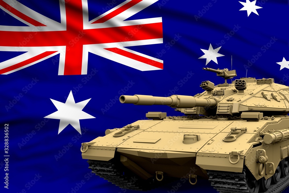 Australia modern tank with not real design on the flag background - tank army forces concept, military 3D Illustration