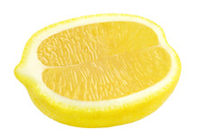 Lemon Citrus Fruit Cut In Half Lengthwise Isolated On White Background With Clipping Path. Full Depth Of Field.