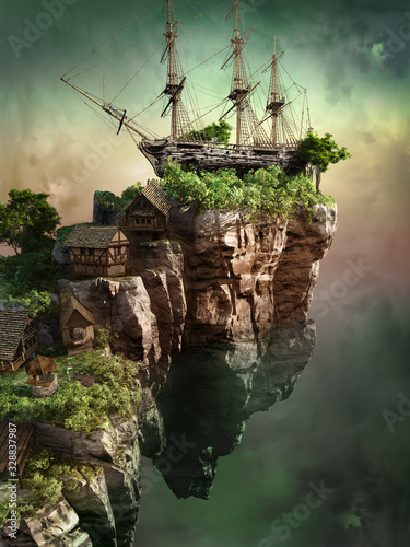 Fotografie, Obraz Wreck ship on a flying rock