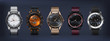 Realistic wrist watches. 3D classic and modern business watches with chronograph, metal and leather bracelet and different clockworks faces. Vector set style modern men watch