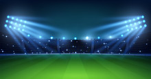 Realistic Football Arena. Soccer Playing Field At Night With Illuminate Bright Stadium Lights, Green Grass And Tribunes. Vector Illustration Background For Football Championship Or Match Team