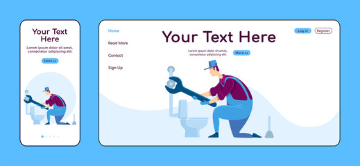Poster - Plumbing services adaptive landing page flat color vector template. Plumber with toilet mobile and PC homepage layout. Repairman one page website UI. Home repairs webpage cross platform design