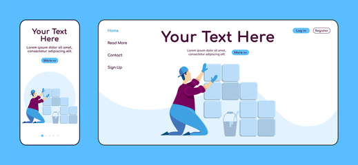 Poster - Laying tiles adaptive landing page flat color vector template. Professional tiler mobile and PC homepage layout. Repairman one page website UI. Home repairs webpage cross platform design