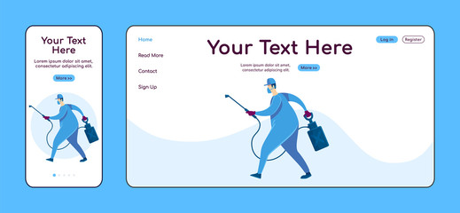 Poster - House disinfection adaptive landing page flat color vector template. Cleaning service mobile and PC homepage layout. Repairman one page website UI. Home repairs webpage cross platform design