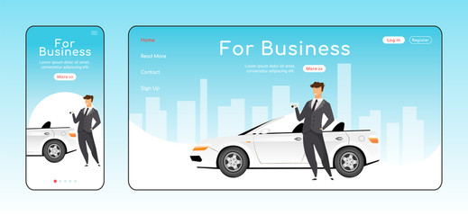 Poster - For business responsive landing page flat vector template. Car rental service homepage layout. One page website UI with cartoon character. Corporate transport adaptive webpage cross platform design