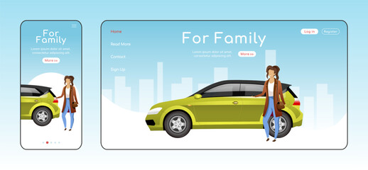 Poster - For family responsive landing page flat vector template. Car dealership service homepage layout. One page website UI with cartoon character. Hatchback sale adaptive webpage cross platform design