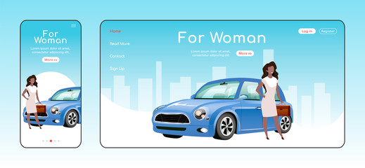 Poster - For woman responsive landing page flat vector template. Car showroom homepage layout. One page website UI with cartoon character. Stylish transport for ladies adaptive webpage cross platform design