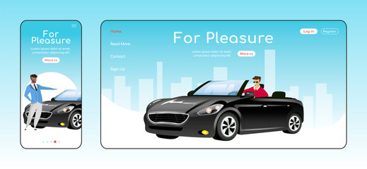 Poster - For pleasure responsive landing page flat vector template. Auto dealership service homepage layout. One page website UI with cartoon character. Luxury cars sale adaptive webpage cross platform design