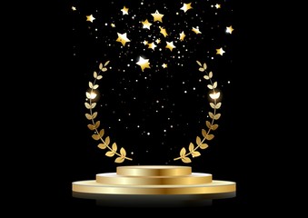 Wall Mural - Stage podium with falling gold stars, the scene with the award ceremony on a dark background.