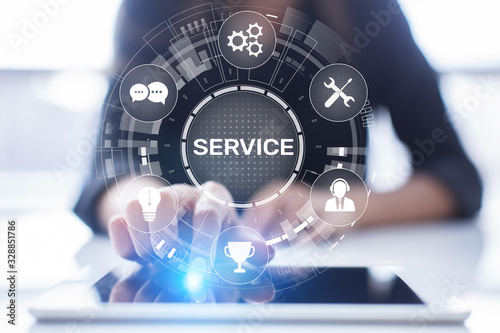 Fotomural Service support customer help call center Business technology button on virtual screen