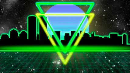 Wall Mural - abstract colorful retro concept with geometric shapes, green grid and cityscape