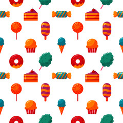 Wall Mural - seamless pattern sweets and dessert icons set isolated on white background. vector Illustration. 