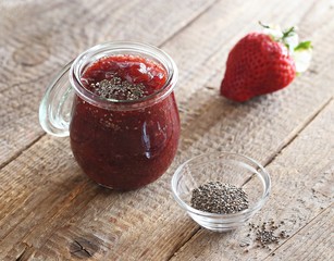 Strawberry marmelade, jam, confiture or jelly. Home canning ham. Selective focus