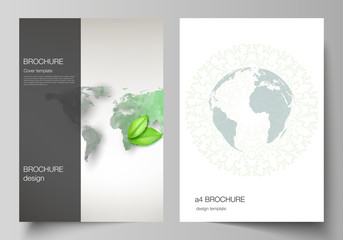 Vector layout of A4 format cover mockups design templates for brochure, flyer, booklet, cover design, book design, brochure cover. Save Earth planet concept. Sustainable development global concept.