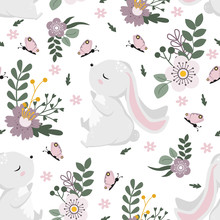 Seamless Pattern With Easter Bunny And Flowers On A White Background - Vector Illustration, Eps