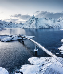 Wall Mural - aerial view on the hamnoy village, lofoten islands, norway. landscape in winter time during blue hou