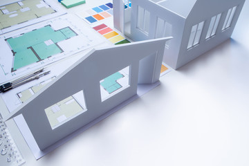 Poster - development of cottage projects. work of architectural and construction bureau. desk of an architect