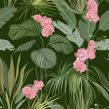 Seamless Floral Tropical Print With Exotic Flowers And Orchid Blossoms, Nature Ornament For Textile Or Wrapping Paper. Jungle Leaves On Deep Green Background, Rainforest Plants. Vector Illustration