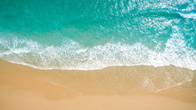 Top View Aerial Image From Drone Of An Stunning Beautiful Sea Landscape Beach With Turquoise Water With Copy Space For Your Text.Beautiful Sand Beach With Turquoise Water,aerial UAV Drone Shot