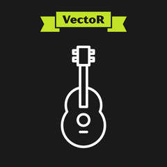 White line Guitar icon isolated on black background. Acoustic guitar. String musical instrument. Vector Illustration