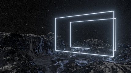 Poster - Glowing rectangle, mountains and night starry sky