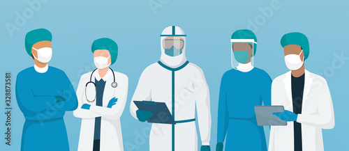 Fotomural Professional doctors and nurses wearing protective suite and standing together t