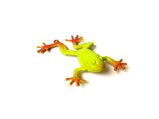 Close up of green frog toy isolated on white background. Artificial frog. Kids toy. Rubber toy.