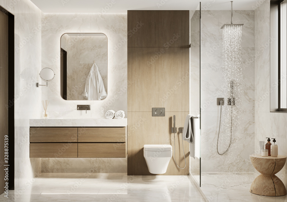 3d modern bathroom with wooden and white marble details - obrazy, fototapety, plakaty 