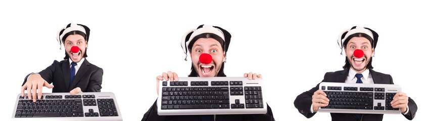 Poster - Funny clown with keyboard isolated on white