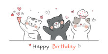 Draw Banner Cute Cat For Happy Birthday.