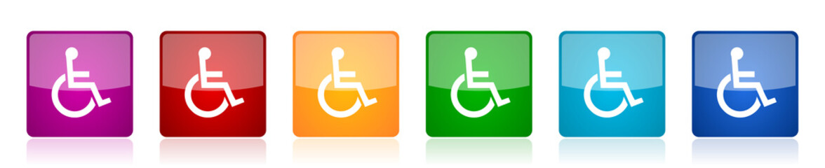 Wall Mural - Wheelchair icon set, colorful square glossy vector illustrations in 6 options for web design and mobile applications