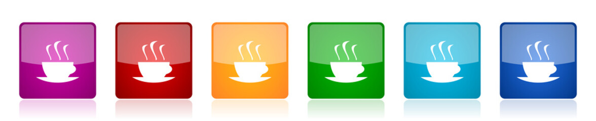 Aufkleber - Coffee icon set, colorful square glossy vector illustrations in 6 options for web design and mobile applications